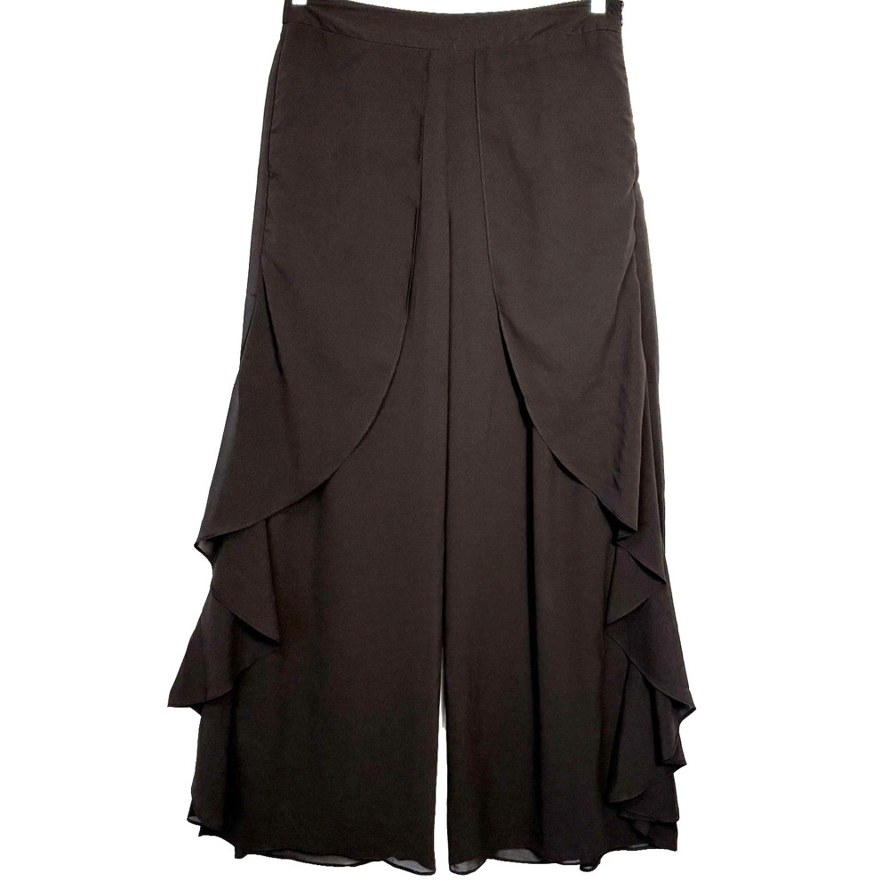 BADGLEY MISCHKA Women Wide Leg Sheer Chiffon Overlay High Rise Pants Sz 12 Black